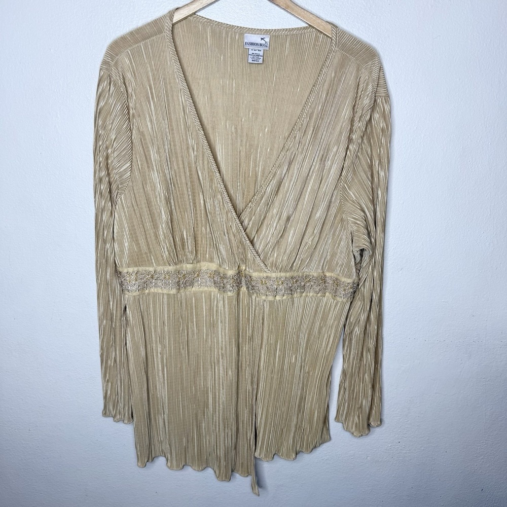 Fashion‎ Bug Gold Pleated Beaded Y2K V-Neck Women's Top Blouse 30/32